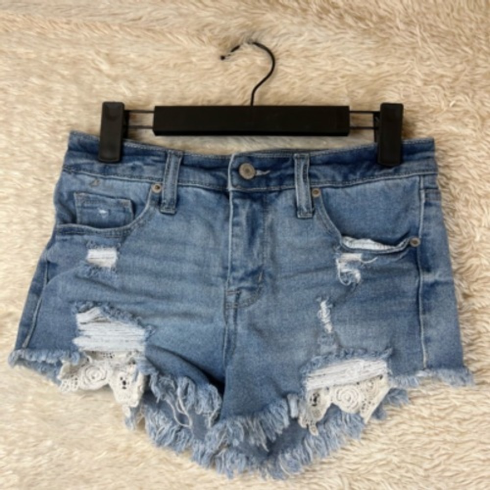 Mossimo Denim Shorts‎ Womens 0/25 Blue Stretch High Rise Distressed Frayed Hem